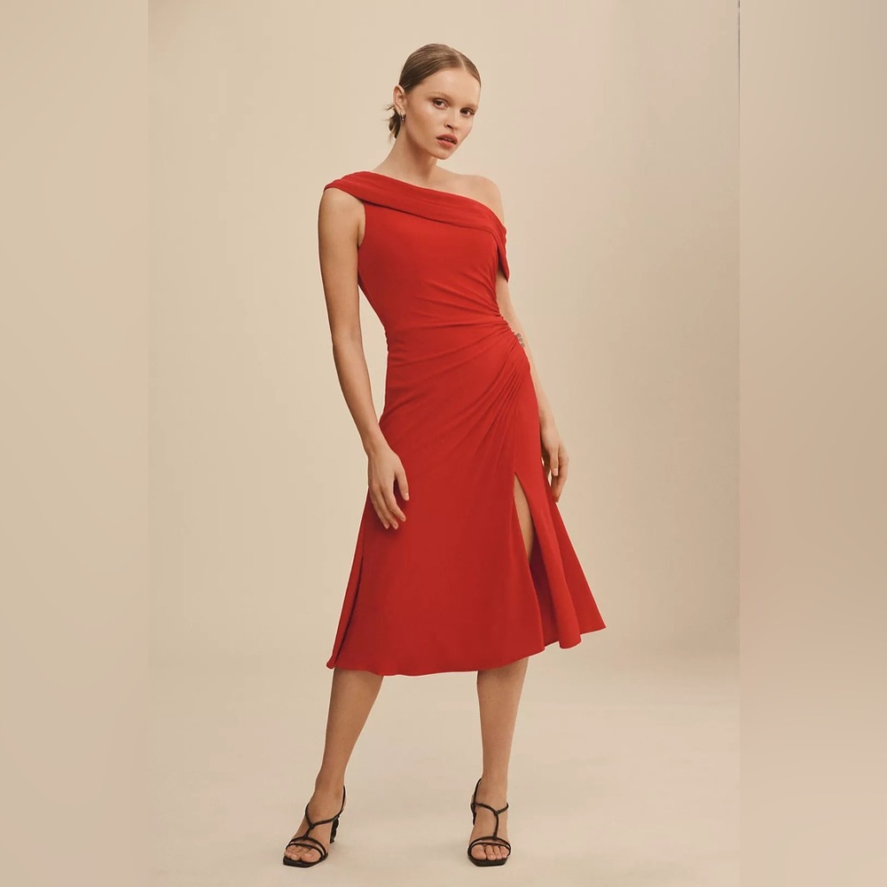 Ieena for Mac Duggal Red Ruched Off-The-Shoulder Midi Dress ✨♥️ - Picture 4 of 10